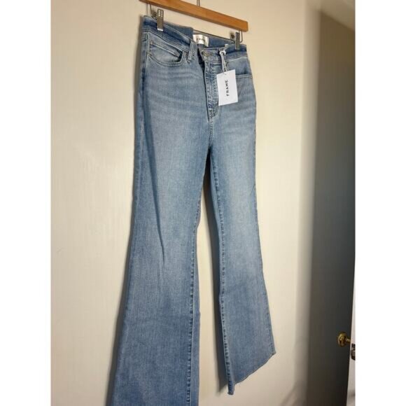 NWT Frame Le Easy Flare Raw Fray Hem Stretch High Rise Jeans Blue Size: 28 - Picture 3 of 9